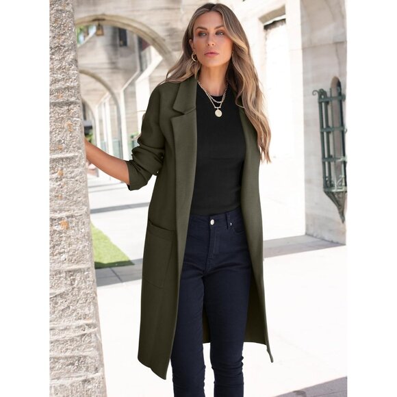 Womens Army Green Cardigan Sweater 2025 Fall Outfits Knitted Lapel Long Coats - Picture 2 of 8